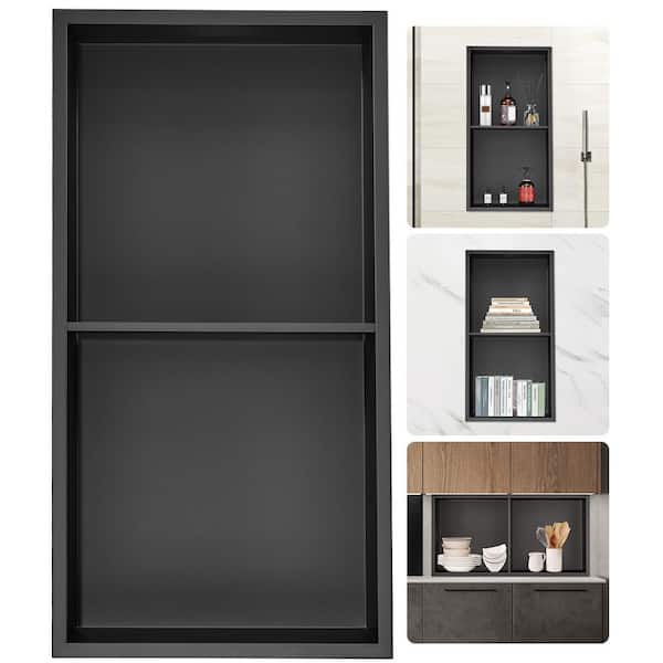 13 in. W x 25 in. H x 4 in. D Shower Niche 304 Stainless Steel Wall-Inserted Niche Recessed Double Shelves in Black