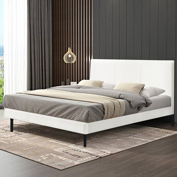 Upholstered Queen Size Platform Bed Frame with Headboard Wood Slats Modern Style 