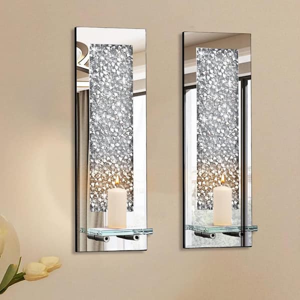Crystal Crush Diamond Wall Candle Holder (Set of 2) Rectangle Silver  Mirrored Candle Sconces