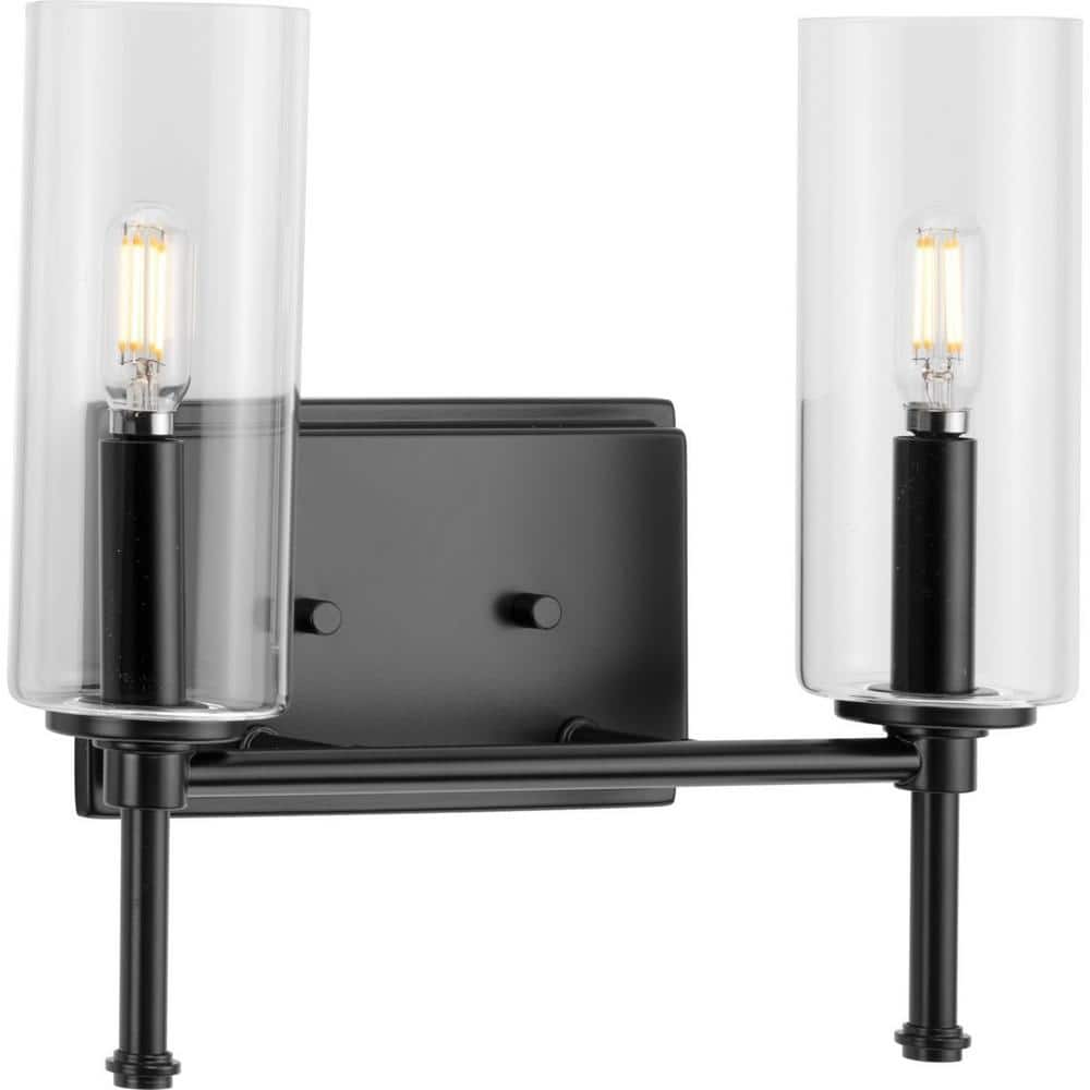 Matte Black 2-Light Cylinder Wall Sconce with Clear Glass Shades