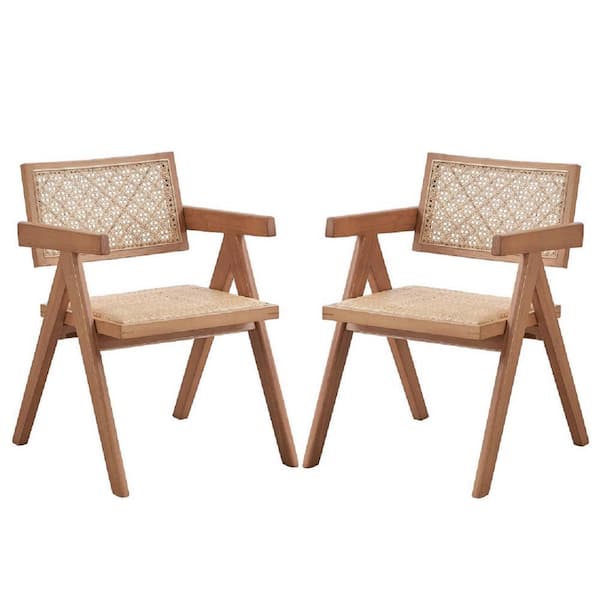 Benjara Brown Rattan Open Style Backrest Dining Armchair (Set of 2)