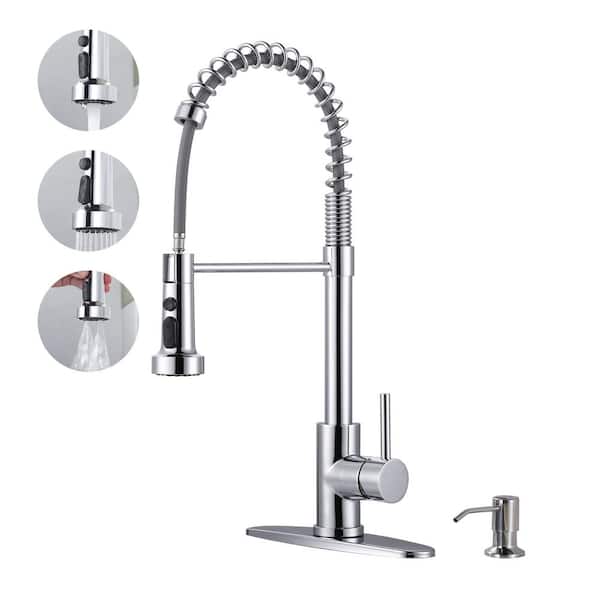 WOWOW Single Handle Pull Down Sprayer Kitchen Faucet with Soap Dispenser, Pull Out Spray Wand in Polished Chrome