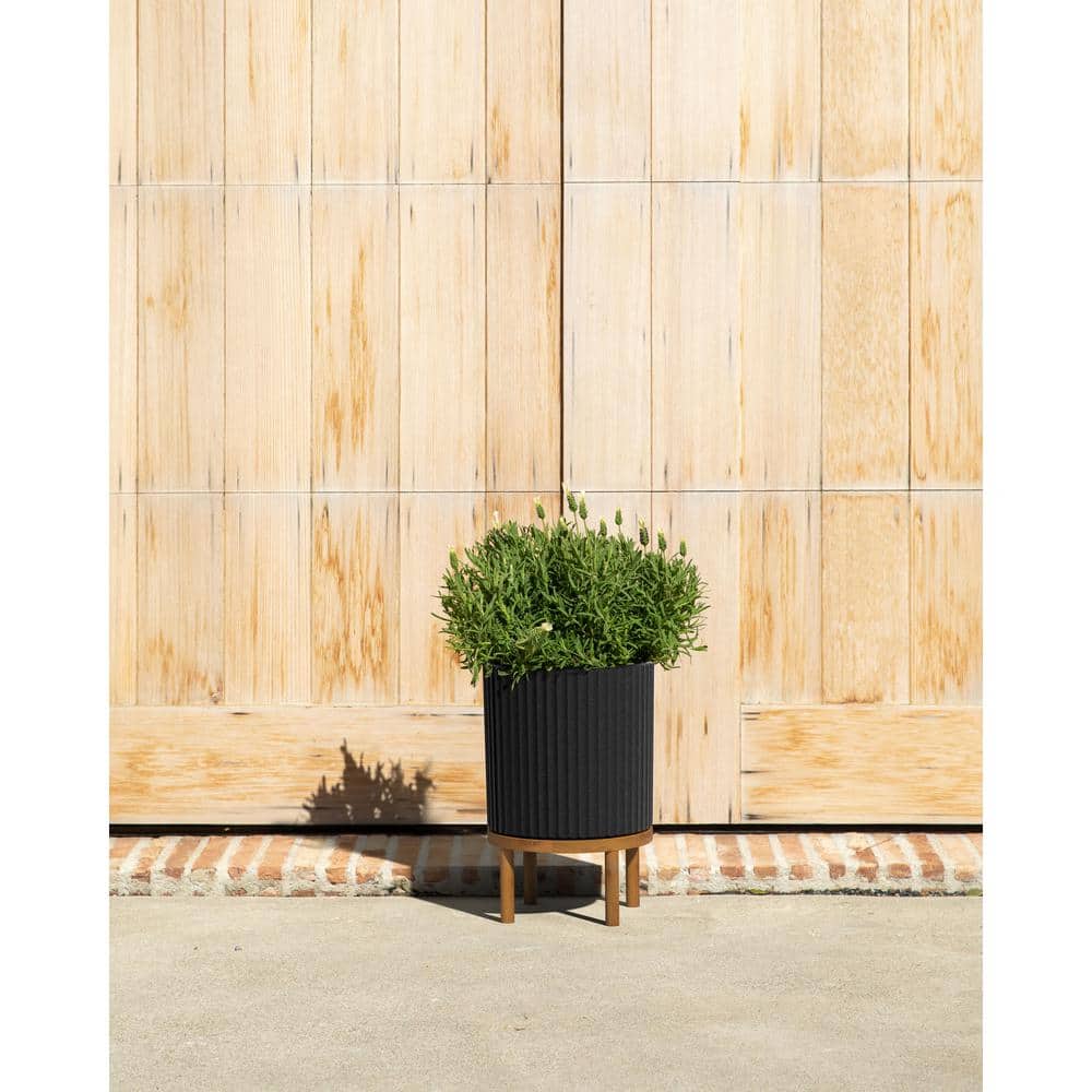 Demi 12" Black Fluted Planter with Acacia Wood Stand
