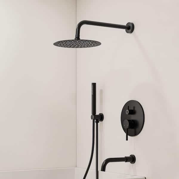 Double Handles 3-Spray 10 in. Wall Mount Shower Head Tub and Shower Faucet in Matte Black (Valve Included)