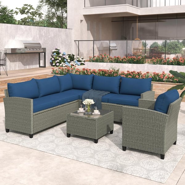 Tunearary Modern 5-Piece Gary Wicker Outdoor Conversation Set with Blue Cushions, Coffee Table