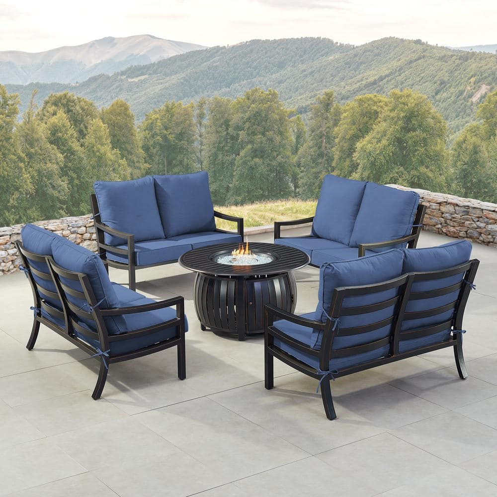 Black 7-Piece Aluminum Patio Fire Pit with 4-Deep Seating Loveseat Blue Cushions price history on PriceWatchPro