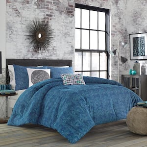 Identity 92 in. x 96 in. Gray/Blue-Green Geometric Full/Queen Cotton Blend Duvet Cover