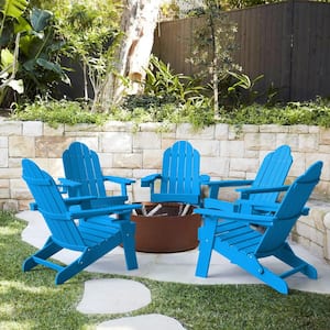 Recycled Blue HDPS Folding Plastic Adirondack Chair Weather Resistant Patio Plastic Fire Pit Chairs (Set of 5)