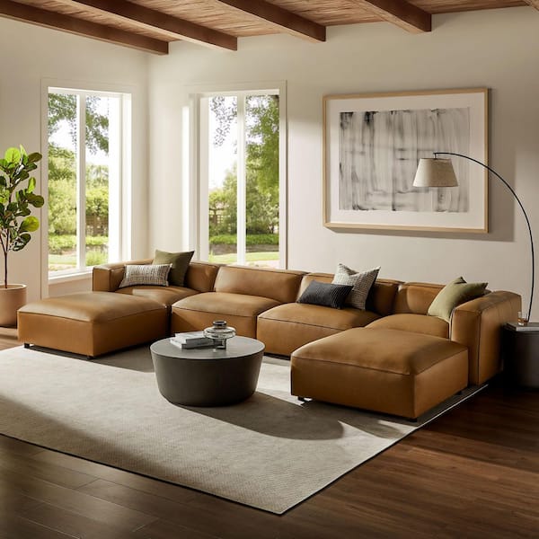 Auren 172.4 in. Square Arm 6-Piece Upholstered Vegan Leather L-Shaped Sectional Sofa in Camel Brown