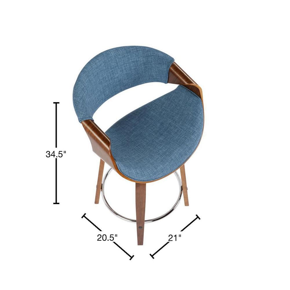 Curvini 20.5'' Walnut Wood and Blue Fabric Swivel Counter Stool - Set of 2
