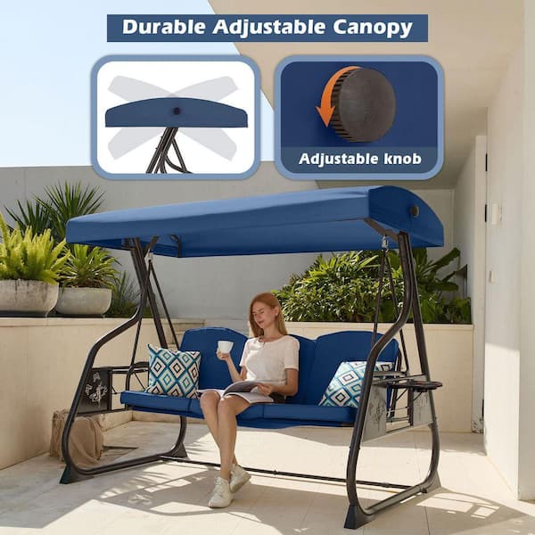 3-Person Metal Patio Swing Porch Swing with Stand, Blue Cushions
