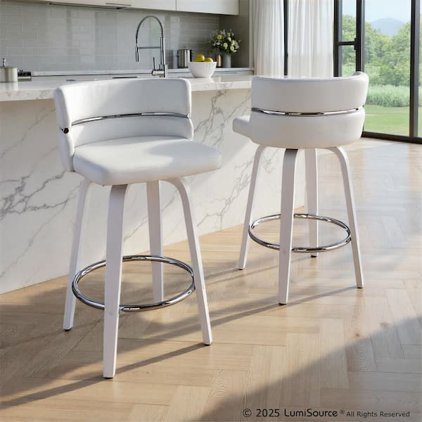 Cinch 34.5 in. H White Faux Leather, White Wood & Chrome Fixed-Height Counter Stool with Round Footrest (Set of 2)