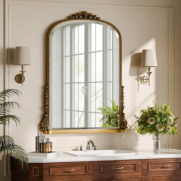 Antique Gold 27.8 in. W x 39.8 in. H Arched Modern Polyurethane Framed with Decoration Vanity Mirror Wall Mirror