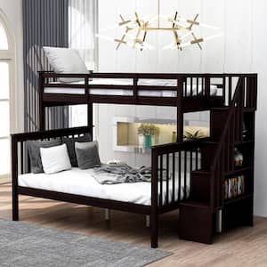 Espresso Twin over Full Wood Bunk Bed with Storage Staircase, Can Separate into Two Beds