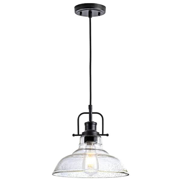 60-Watt 1-Light Black Pendant Light with Seeded Glass Shade Adjustable for Hallway, Kitchen Island (Bulb Not Included)