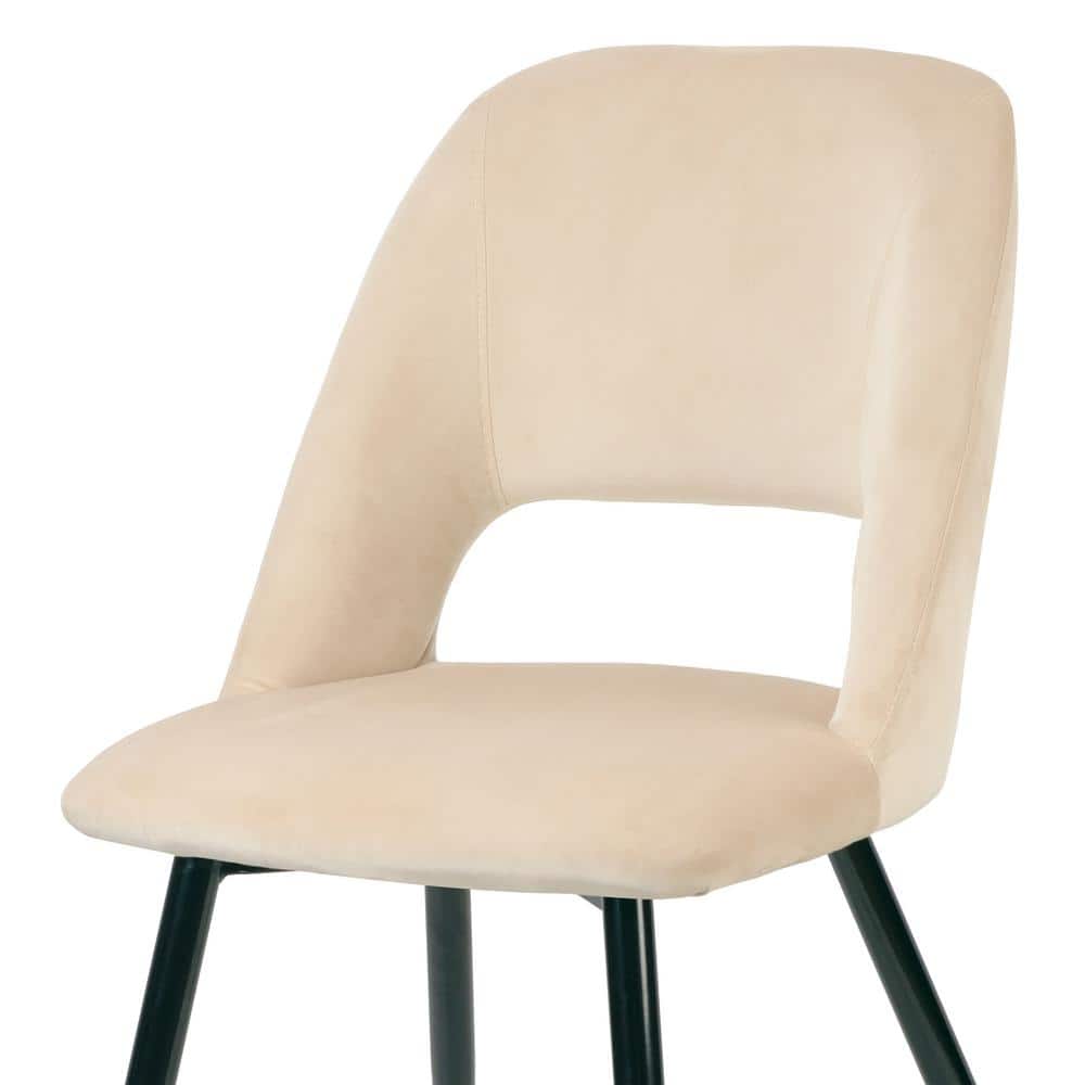 Beige Velvet Upholstered Side Chair with Black Metal Legs
