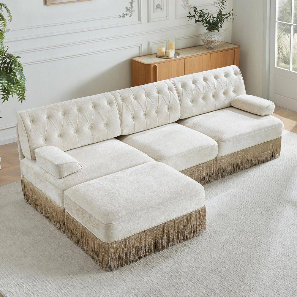 Modern 106.1 in. Curved Arms Velvet L-Shaped Tufted Modular Sectional Sofa in Beige with Ottoman and Skirt Base