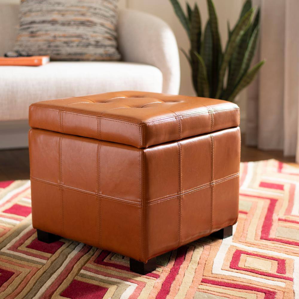 Saddle Brown Leather Tufted Storage Ottoman with Birch Wood