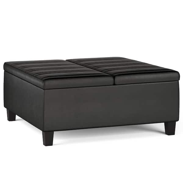 Simpli Home Ellis 36 in. Wide Contemporary Square Coffee Table Storage Ottoman in Distressed Black Vegan Faux Leather, Assembled