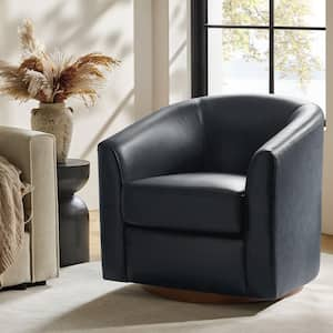 Teeny Navy Modern Geniune Leather Swivel Barrel Chair With Solid Wood Base