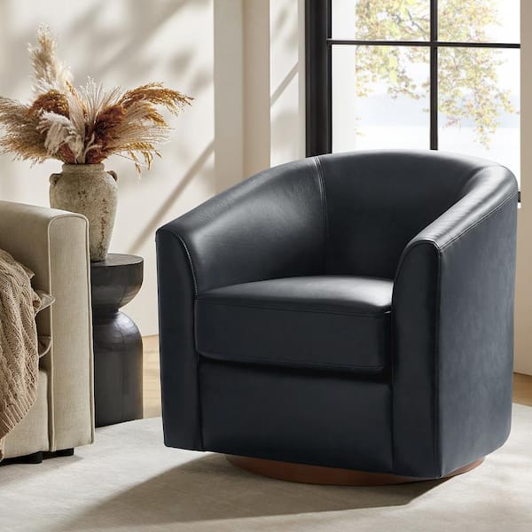 JAYDEN CREATION Teeny Navy Modern Geniune Leather Swivel Barrel Chair With Solid Wood Base