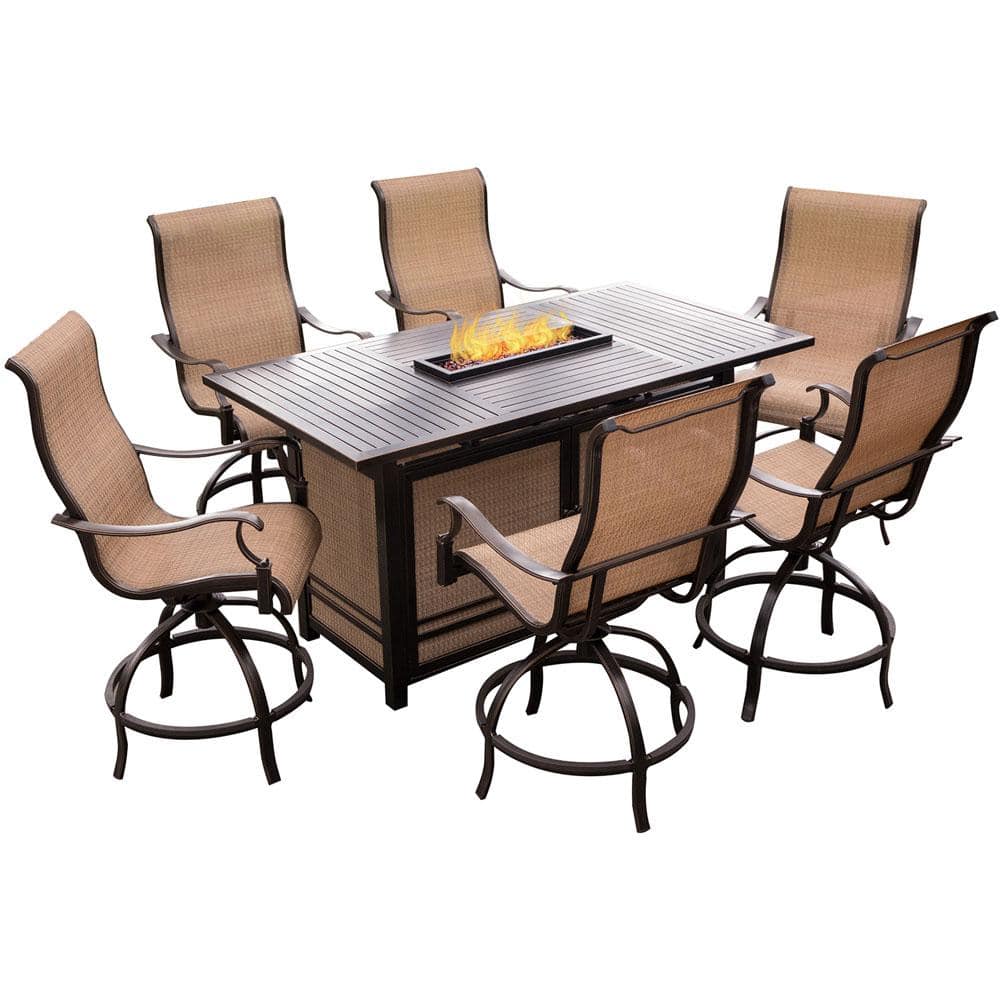 7 Piece Rectangular Outdoor Bar Height, Fire Pit Dining Table And Chairs