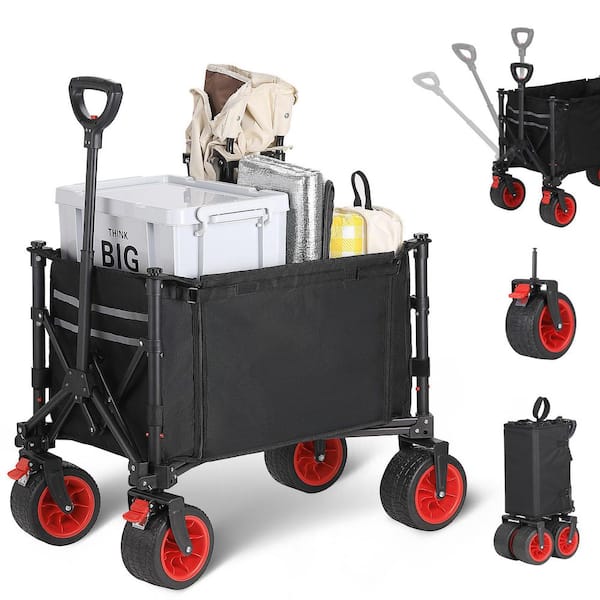 9.18 cu ft. Folding Plastic Wagon-Heavy Duty Garden Cart Side Pocket, Wheel Brakes Large Capacity Foldable Grocery Wagon