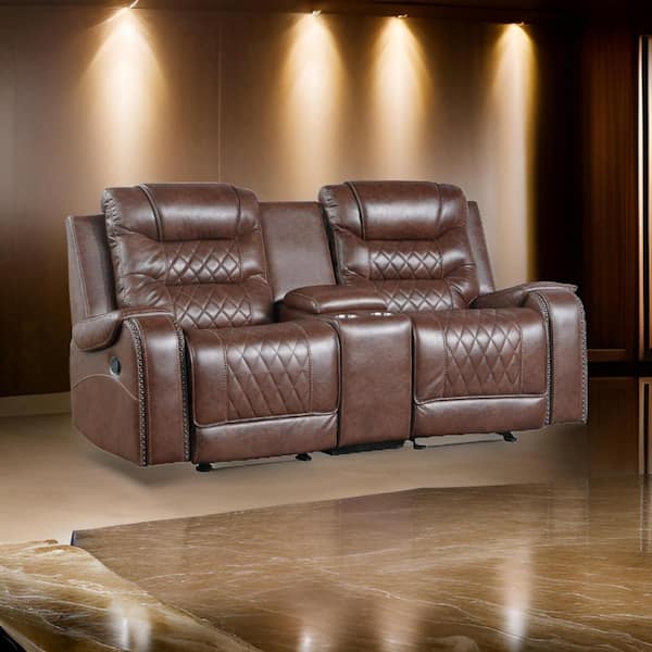 Benjara 77.5 in. Flared Arm Faux Leather Rectangle Manual Loveseat Recliner Sofa in Brown