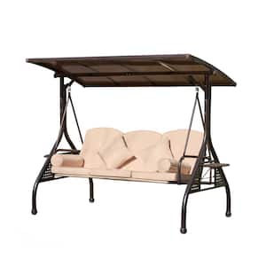 3-Person Metal Patio Swing Bench with Beige Cushion and Adjustable Canopy for Outdoor Garden Patio Porch and Poolside