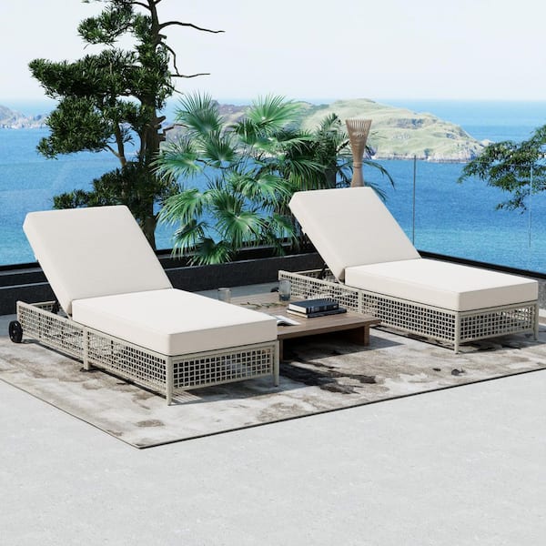 Upton Patio Creamy White PE Rattan Woven Metal Frame Outdoor Chaise Lounge with Beige Cushions and Wheels, Set of 2