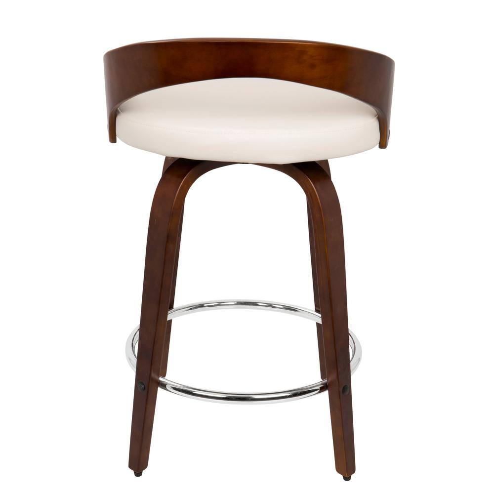 Cherry Wood and White Faux Leather Swivel Counter Stools, Set of 2