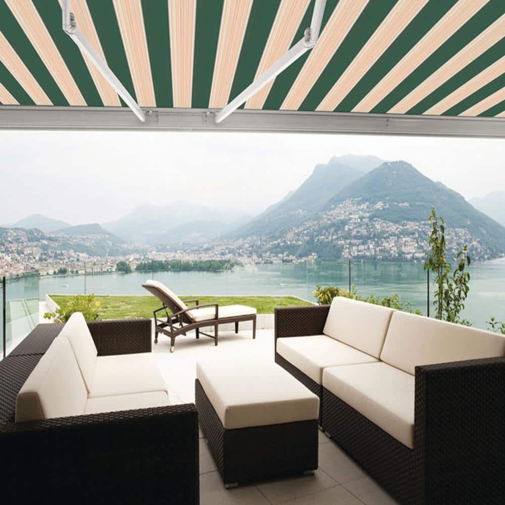 Garden Green and Sand Beige Striped Retractable Electric Awning