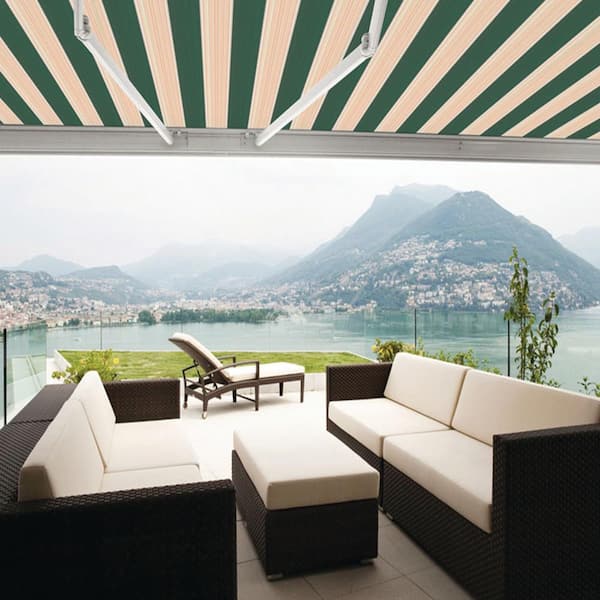 12 ft. Luxury Series Semi-Cassette Electric w/ Remote Retractable Awning, Garden Green Beige Stripes (10 ft Projection)