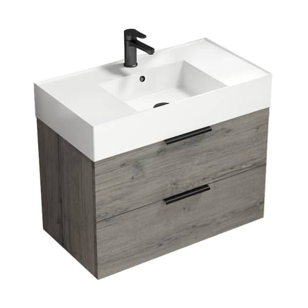 Nameeks Derin 31.89 in. W x 17.32 in. D x 25.2 in. H Modern Bathroom Vanity in Grey Oak With White Ceramic Top