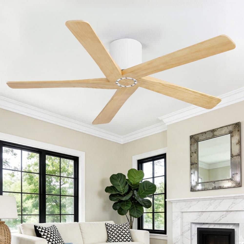 54 in. 5 Solid Wood Blades DC Motor Indoor Flush Mount Standard Celling Fan with Remote, White and Natural Wood Grain price history on PriceWatchPro