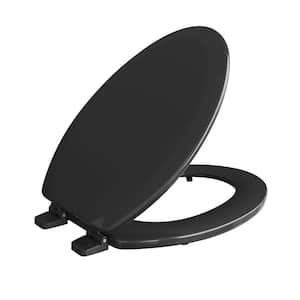 Deluxe Molded Wood Elongated Closed Front Toilet Seat with Cover and Adjustable Hinge in Black