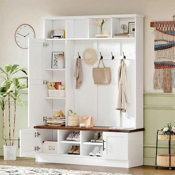 Nestfair White 3-in-1 Hall Tree with Walnut Storage Bench