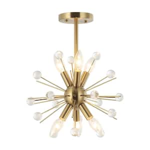 14 in. 6-Light Antique Gold Starburst Sputnik Pendant Light with Glass Crystal Ball Accents