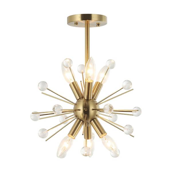 Parrot Uncle 14 in. 6-Light Antique Gold Starburst Sputnik Pendant Light with Glass Crystal Ball Accents