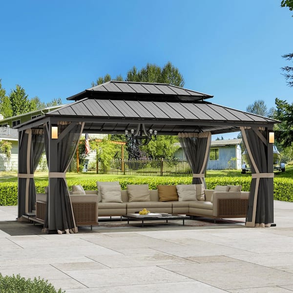 Ultra Series 12 ft. x 16 ft. Permanent Hardtop Gazebo With Solar LED Lights, Mosquito Nettings, Black