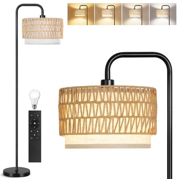 BICIK 68 in. Black 1-Light Dimmable Standard Floor Lamp with Color Temperature and Woven Rattan Linen Shade for Living Room