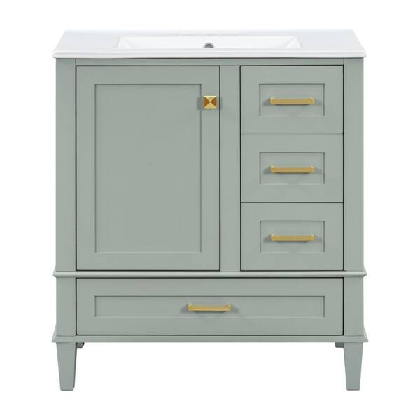 30 in. Freestanding Sage Green Bath Vanity with White Ceramic Top Soft Closing Door and 3 Drawers