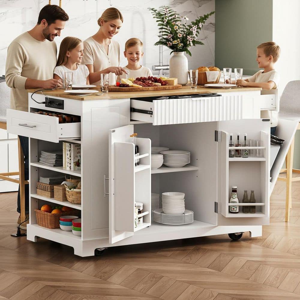 Fluted Power Outlet White Wood 48.5 in. Rolling Kitchen Island Carts with Trash Can Cabinet and Internal Storage Rack