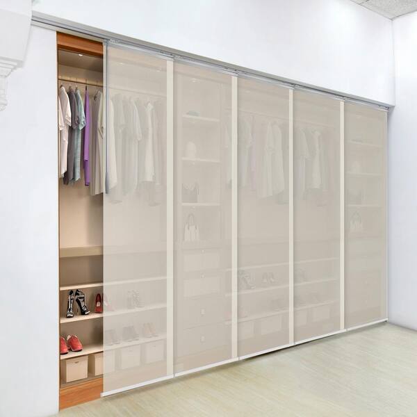 EMOH Ivory Mesh 58 in.- 110 in. W x 116 in. L Adjustable 5-Panel Satin Nickel Single Rail Panel Track with 23.5 in. Slates
