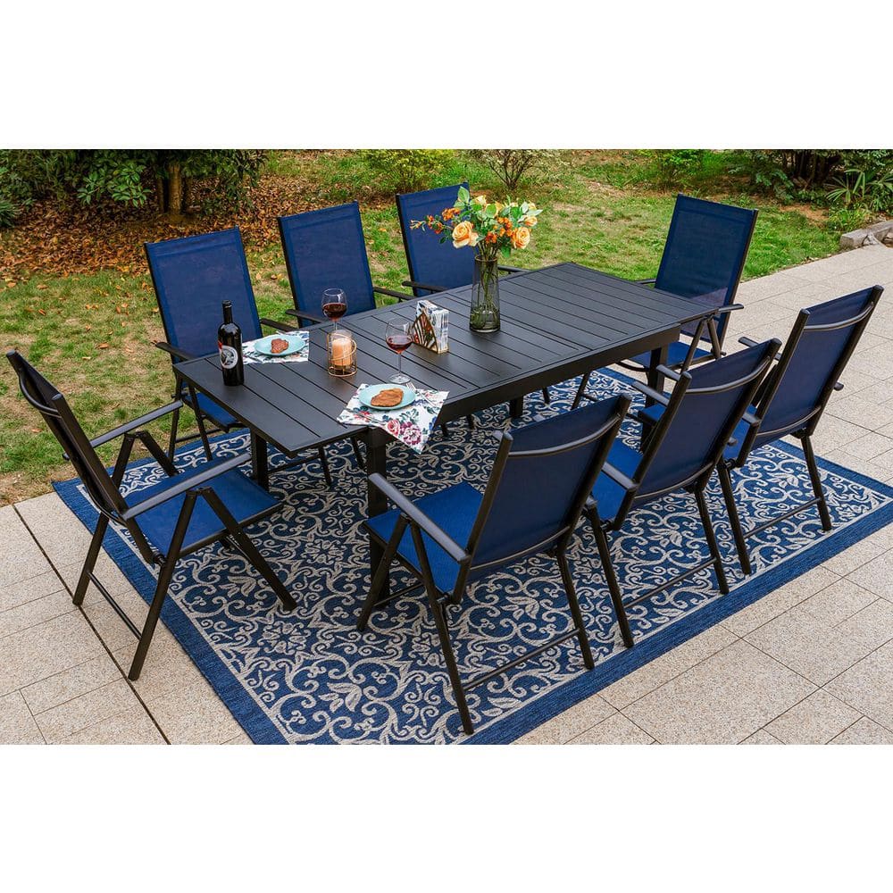 9-Piece Metal Patio Outdoor Dining Set with Rectangle Extensible Table and Blue Reclining Folding Sling Chair price history on PriceWatchPro