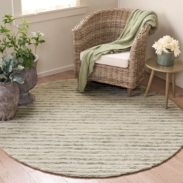 Ebony 6 ft. x 6 ft. Round Light Green/Ivory Striped High-Low Abstract Area Rug
