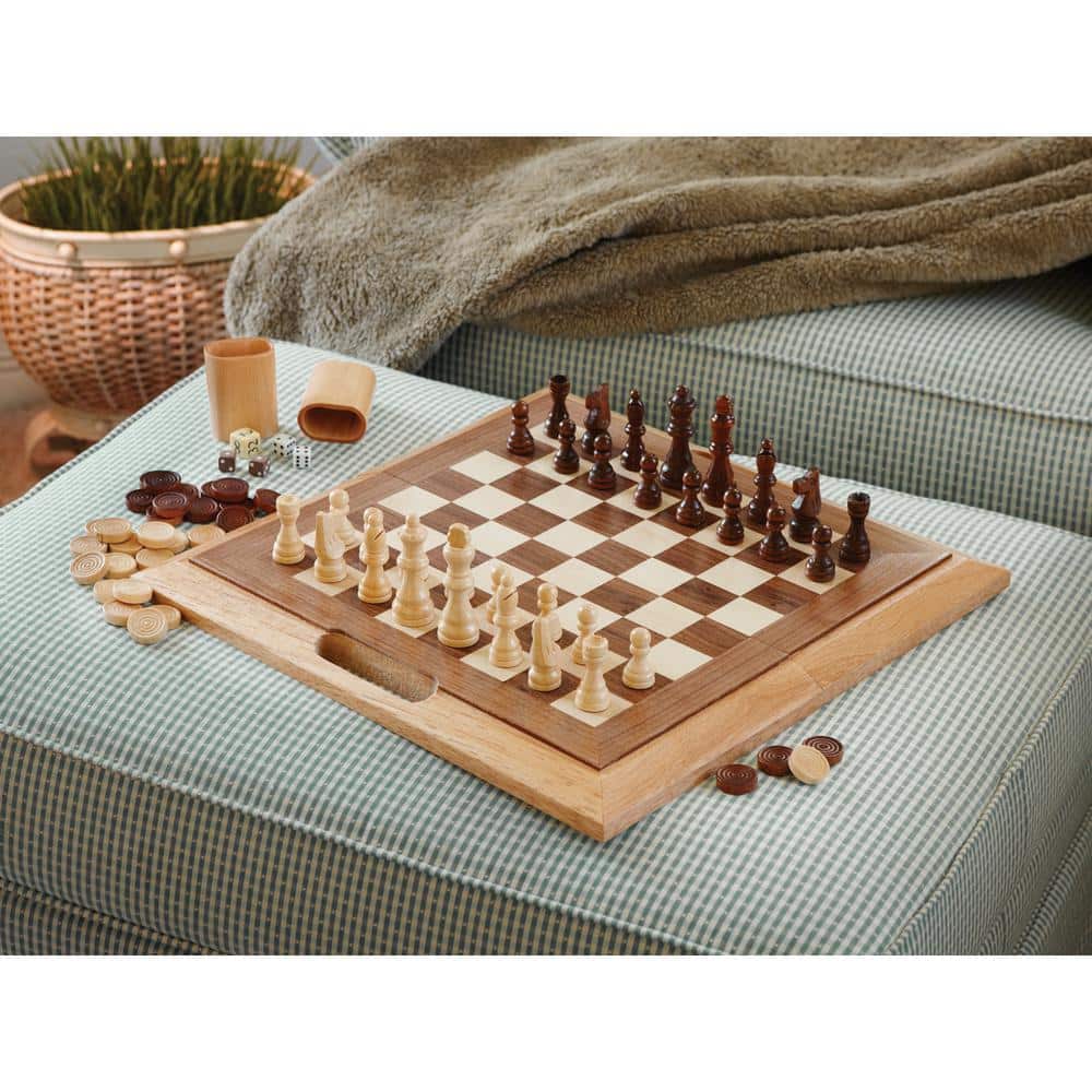 Natural and Dark Brown Wooden 3-in-1 Chess, Checkers, Backgammon Set