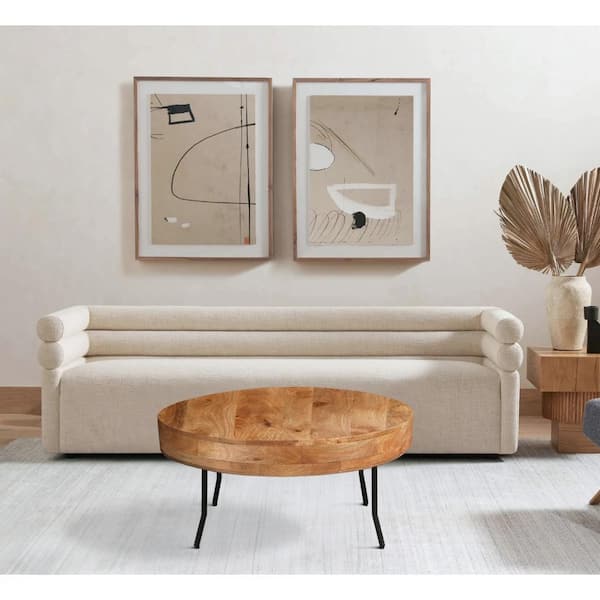 32 in. Brown and Black Round Wood Coffee Table with Metal Angled Legs