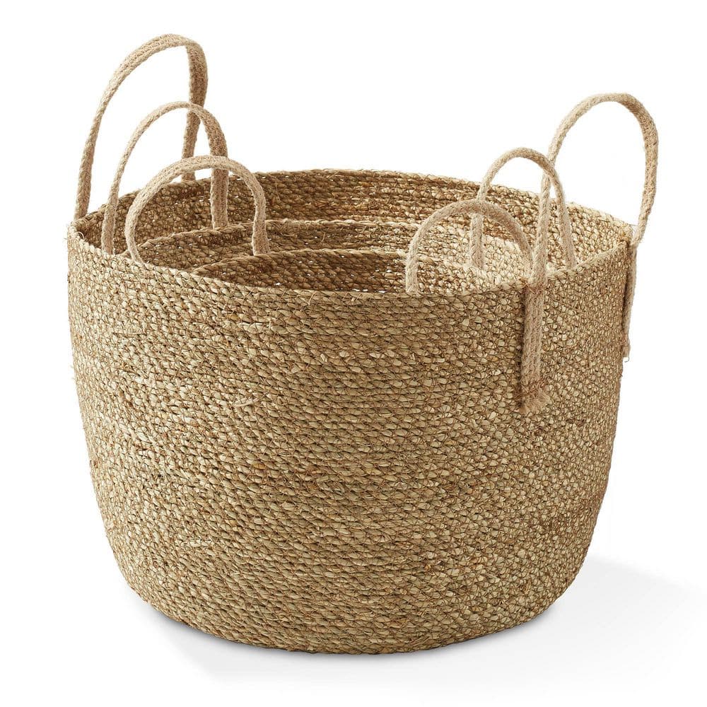 Set of 3 Natural Seagrass Round Storage Baskets with Jute Handles