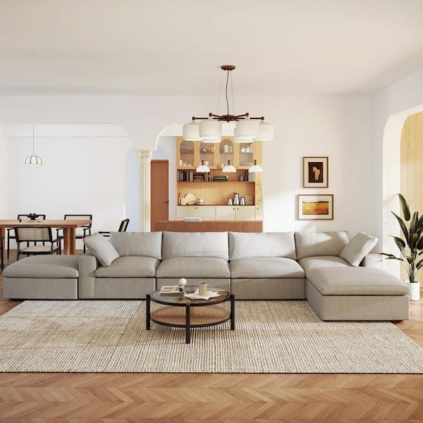 Party Oversized 157 in. Square Arm Linen Down Filled 8-Piece Modular Tuxedo Sofa in Gray with Ottomans, Detachable Cover